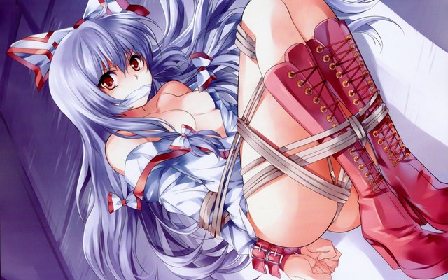 2895x2000 pix. Wallpaper boobs, bed, hentai, boots, long hair, tape, ecchi, bondage, open shirt, red eyes, video games, touho