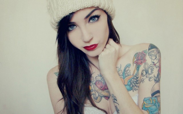 1920x1080 pix. Wallpaper brunette, girl, tattoo, beautiful, eye, lips, shapka