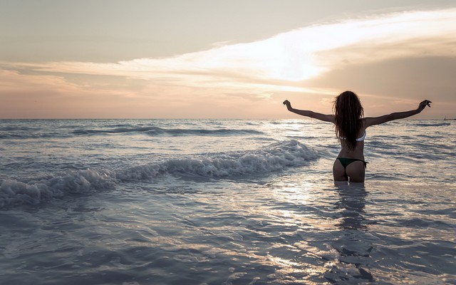2044x1160 pix. Wallpaper girl, sea, sunset, swimsuit, mood