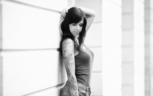 2048x1365 pix. Wallpaper girl, tattoo, pose, jeans, shirt