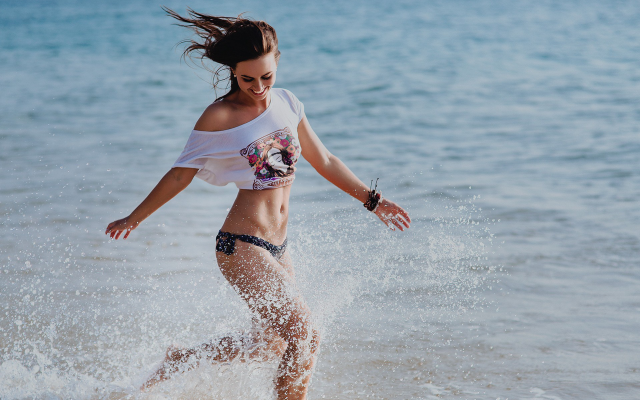 1919x1280 pix. Wallpaper women, bikini, smiling, sea, running, water, splash
