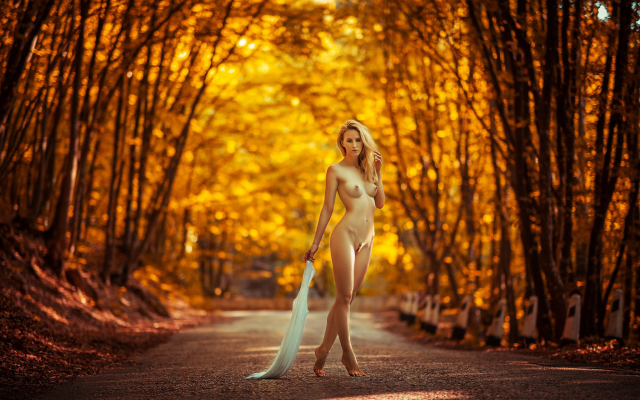 2048x1367 pix. Wallpaper nude, boobs, nipples, trimmed vagina, landing strip, outdoors, barefoot, forest, autumn