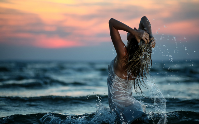 2048x1404 pix. Wallpaper wet, see-through, sea, sunset, hands in hair, sexy