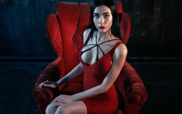 2000x1450 pix. Wallpaper sexy dress, red dress, sitting, chair, model, brunette, non nude, very hot