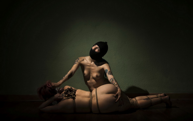 1920x1200 pix. Wallpaper bdsm, nude, ass, small tits, rope, balaclava, tattoo