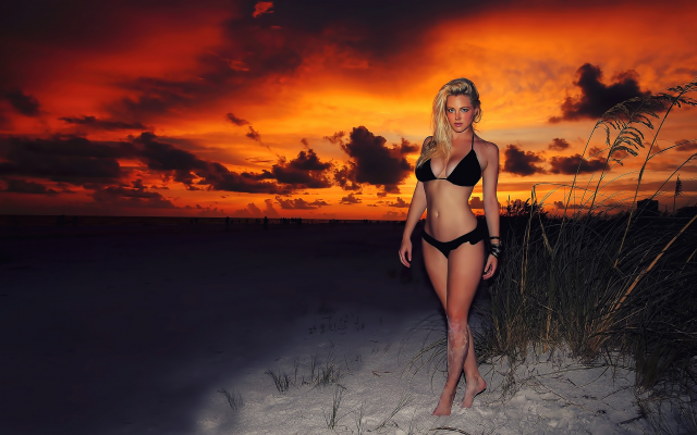 3840x2160 pix. Wallpaper black bikini, sunset, blonde, curvy, beach, sexy