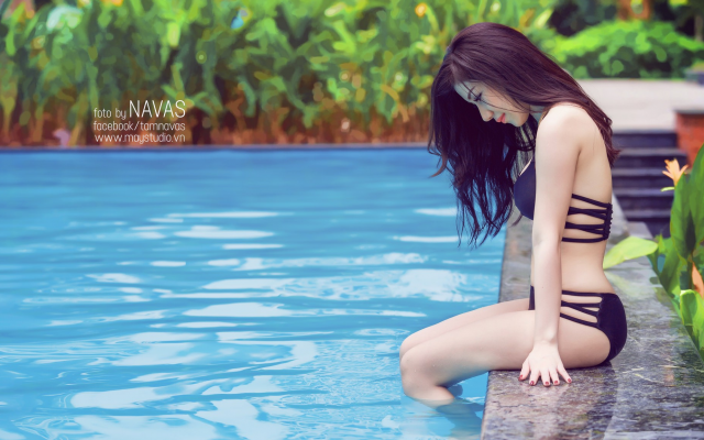 2048x1152 pix. Wallpaper pool, brunette, asian, black bikini, sexy