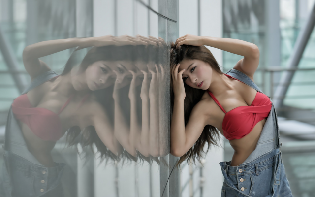 2048x1365 pix. Wallpaper asian, reflection, model, brunette, red bra, jeans, bikini top