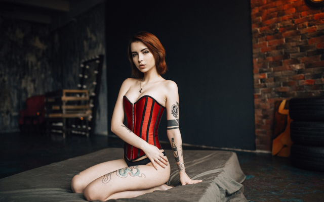 2560x1707 pix. Wallpaper julie resh, redhead, kneeling, corset, tattoo, in bed