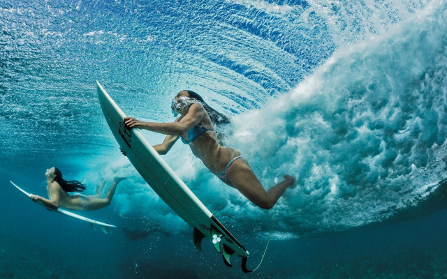 1920x1200 pix. Wallpaper surfing, underwater, sea, bikini, surfboard