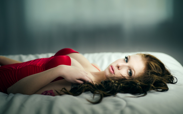 2048x1367 pix. Wallpaper portrait, red lingerie, red corset, bed, curly