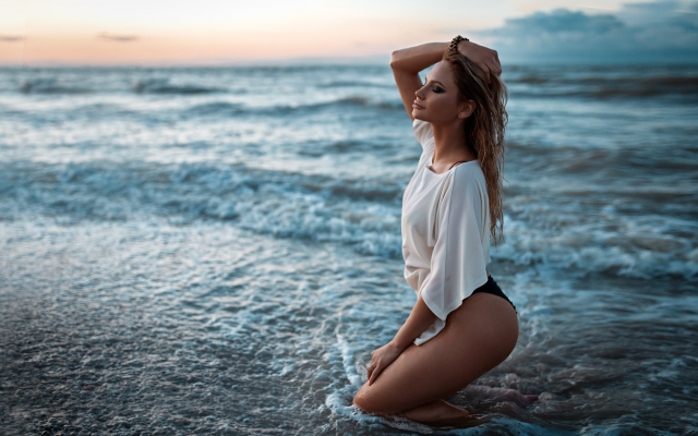 2048x1152 pix. Wallpaper sea, beach, sunset, non nude, tanned, kneeling, closed eyes, wet hair