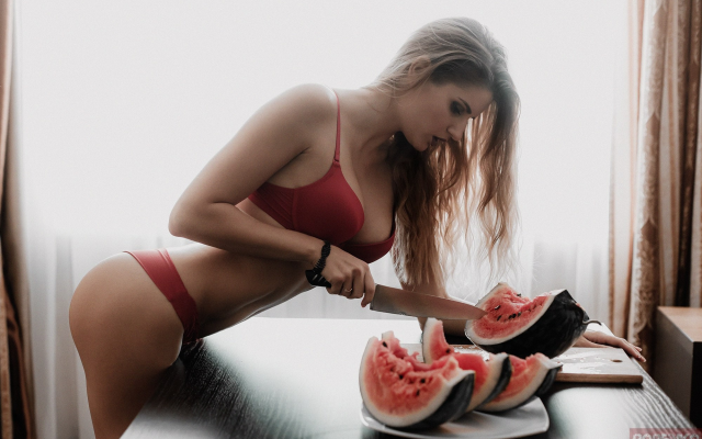 2000x1359 pix. Wallpaper ass, red lingerie, table, knife, watermelon, tanned, sexy, food