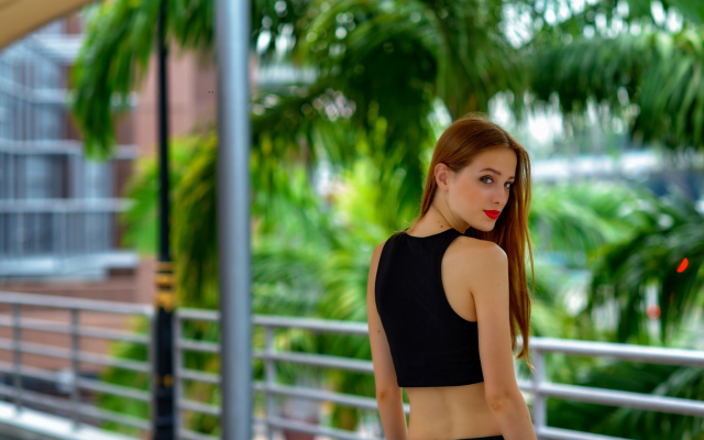 2048x1367 pix. Wallpaper redhead, women, model, long hair, back, red lips, palm tropics