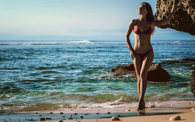 2560x1696 pix. Wallpaper polina bokova, red bikini, rocks, sea, portrait, beach, bikini