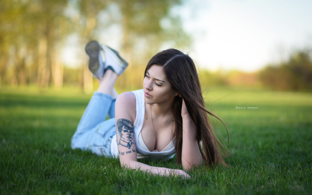 2560x1600 pix. Wallpaper grass, sneakers, tattoo, pants, jeans, boobsm brunette