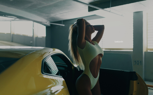 2560x1707 pix. Wallpaper tanned, car, one-piece swimsuit, belly, blonde, closed eyes