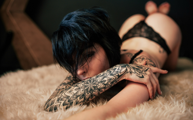 2560x1707 pix. Wallpaper black hair, black lingerie, tattoo, bottom up, ass, panties