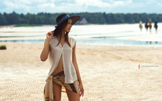 2048x1366 pix. Wallpaper hat, looking away, outdoors, sea, brunette, beach