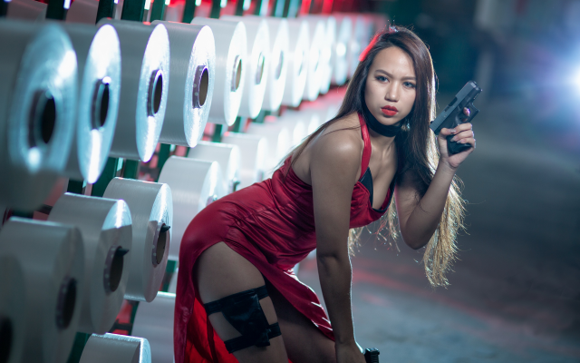 2560x1707 pix. Wallpaper gun, red dress, weapon, asian, sexy, legs, brunette