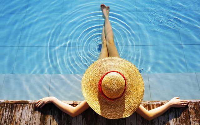 8514x5664 pix. Wallpaper water, girl, pool, hat