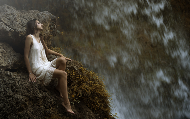 2048x1341 pix. Wallpaper wet, waterfall, nature, rock, barefoot, sitting, outdoors