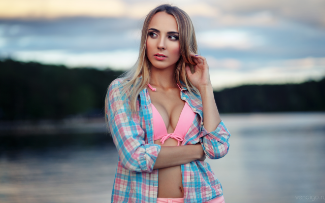 6248x3840 pix. Wallpaper portrait, pink bikini, shirt, outdoors, lake, tits