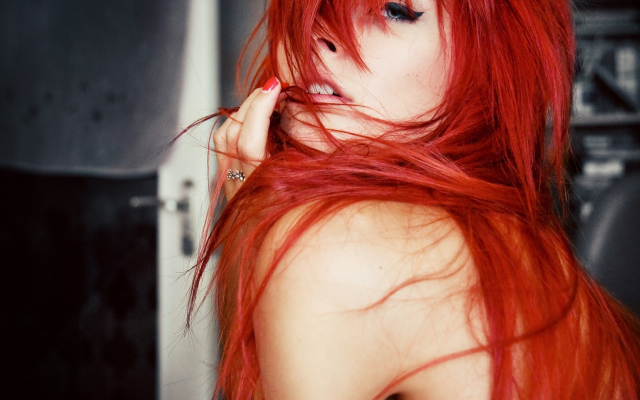 1920x1080 pix. Wallpaper model, redhead, hair in face, red nails