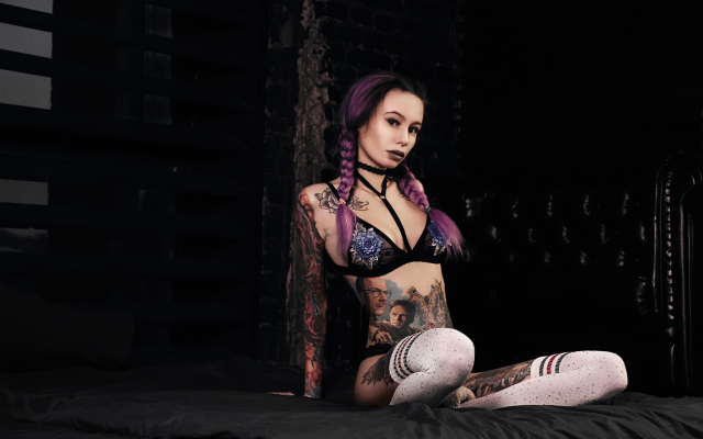 2048x1365 pix. Wallpaper lingerie, white stockings, pigtails, purple hair, sitting, tattoo, dyed hair