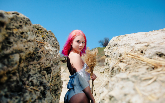 2560x1707 pix. Wallpaper pink hair, outdoors, dyed hair, smiling, ass, white panties, rocks, portrait