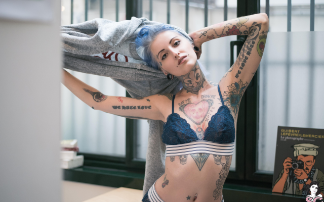 6787x4530 pix. Wallpaper gladyce suicide, suicide girls, model, dyed hair, tattoo, lingerie, blue hair, piercing, bra, sexy
