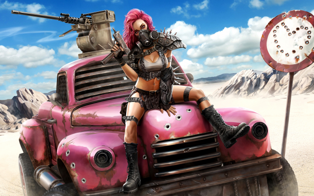 1920x1166 pix. Wallpaper artwork, pink hair, jeep, apocalyptic, desert, sexy