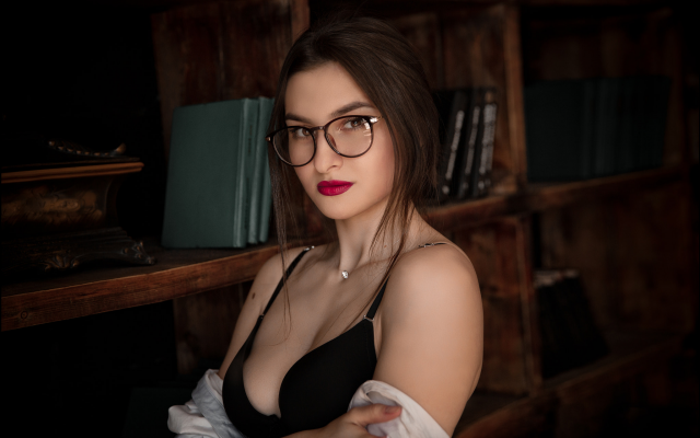 2048x1289 pix. Wallpaper glasses, red lipstick, black bra, bare shoulders, sexy