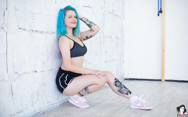 3000x2000 pix. Wallpaper redkaya, model, tattoo, dyed hair, blue hair, smiling, suicide girls, sexy, sport