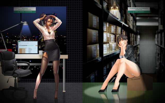2560x1440 pix. Wallpaper office, office girl, garter belt, stockings, collage, anime, legs, skirt, sexy