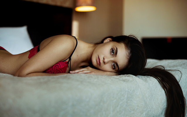 2048x1367 pix. Wallpaper in bed, portrait, red lingerie, lamp, brunette, sexy