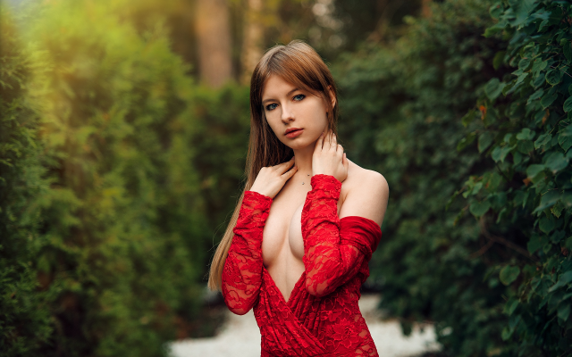 1920x1282 pix. Wallpaper red dress, portrait, boobs, tits