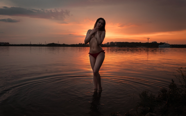 1920x1080 pix. Wallpaper rada romanova, sunset, river, topless, panties, brunette