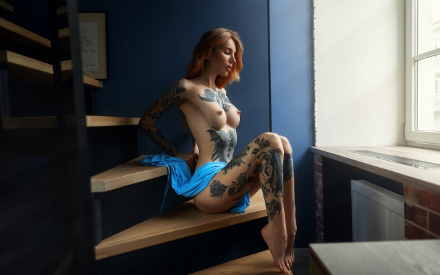 2560x1707 pix. Wallpaper aliona german, stairs, sitting, nude, tattoo, window, redhead, boobs, tits, nipples, pierced nipples, sexy