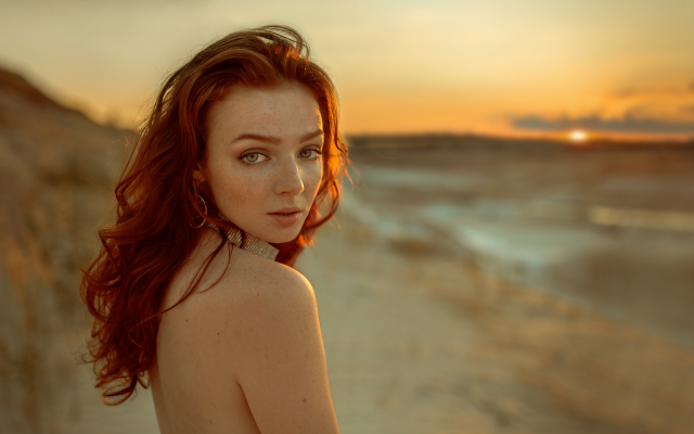 2048x1201 pix. Wallpaper katya, redhead, sexy, face, sea, beach, sunset