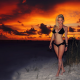 black bikini, sunset, blonde, curvy, beach, sexy wallpaper