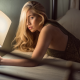 scarlett jane, model, blonde, in bed, lamp, one-piece wallpaper