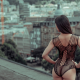 back, ass, black lingerie, brunette, outdoors, rooftop, city, see-through wallpaper
