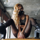 arishka mironova, blonde, gas masks, sitting, pantyhose, strategic covering, boots wallpaper