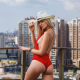 blonde, ass, hat, sideboob, outdoors, red nails, red swimsuit, sexy ass wallpaper