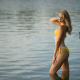 blonde, ass, water, yellow bikini, outdoors, pond, bikini wallpaper