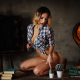 tanned, plaid shirt, open mouth, table, panties, kneeling, sexy wallpaper