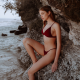 sitting, belly, sea, red bikini, outdoors, bikini, cliff, beach wallpaper