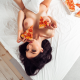oksana bast, women, naked, brunette, boobs, in bed, nipples, top view, pizza wallpaper
