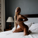 nude, tanned, blonde, long hair, kneeling, white nails, pillow, tanned wallpaper